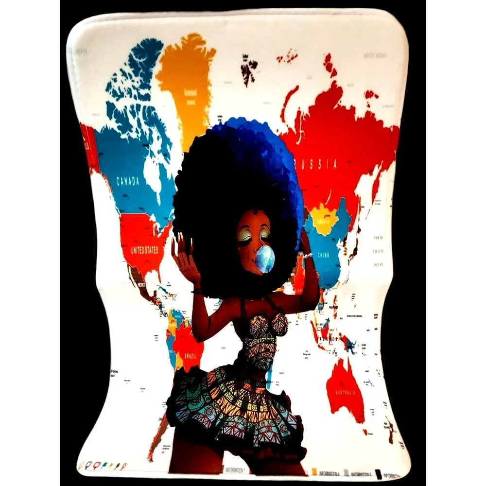 African Woman Blue Afro World Map Graphic Bathroom Decor 3pc Set NEW Unused
